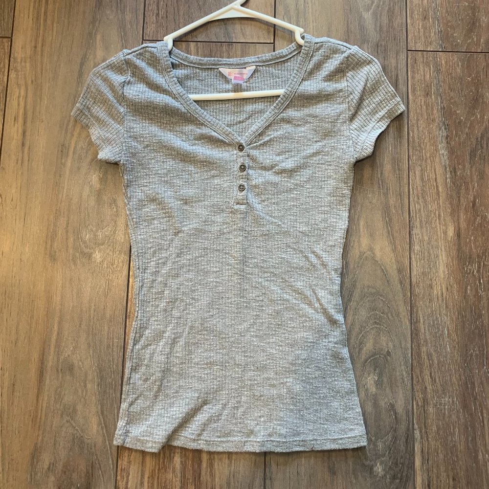 gray half button t-shirt